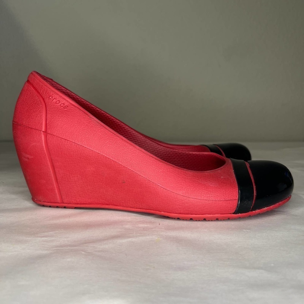 Crocs Cap Toe Wedge Heel Red Black Wedges
